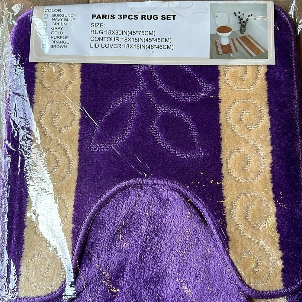 Purple 3pc Bathmat Set Non-Slip Absorbent mat and contour rugs, Toilet Lid Cover